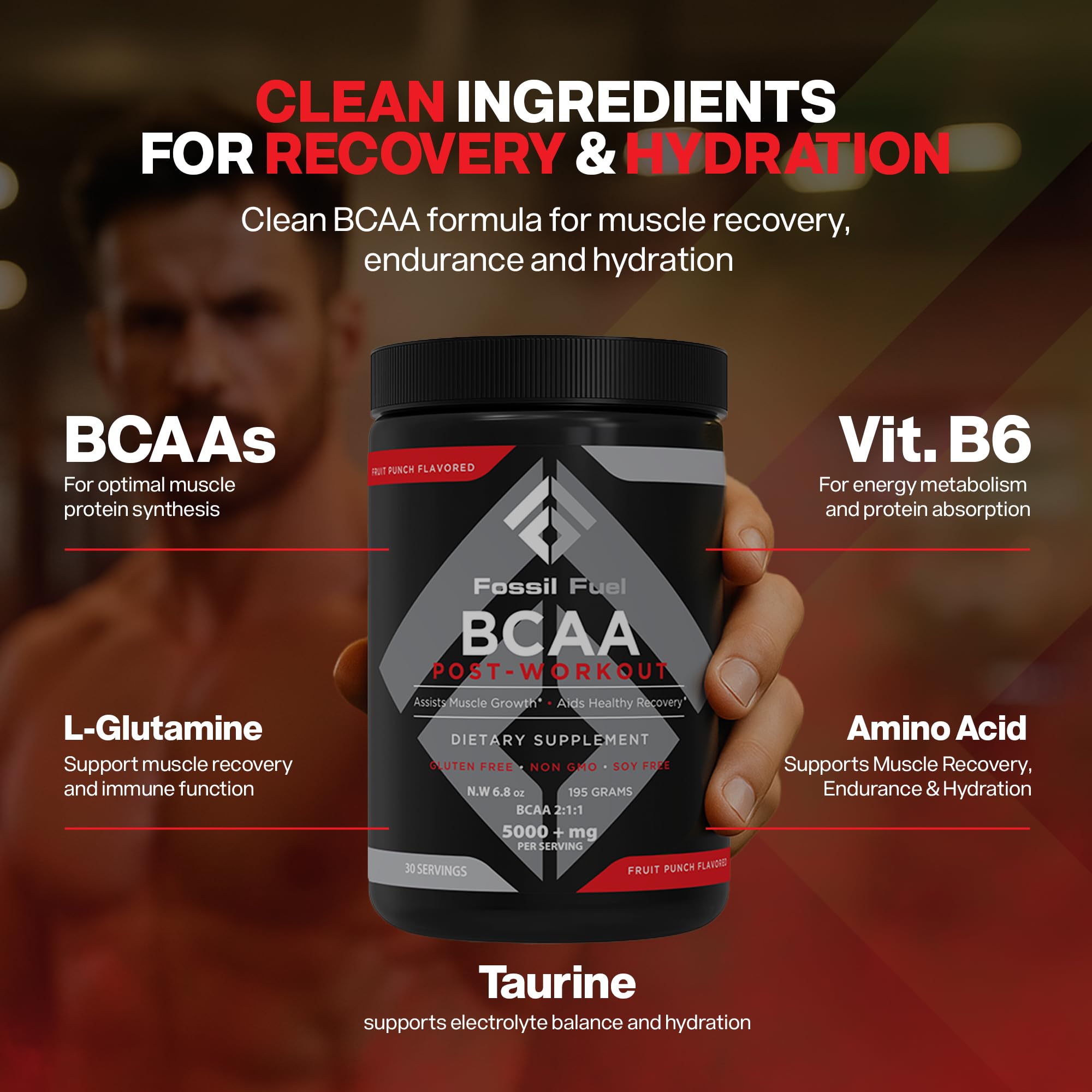 Fossil Fuel BCAA powder scoop showing serving for quick endurance support