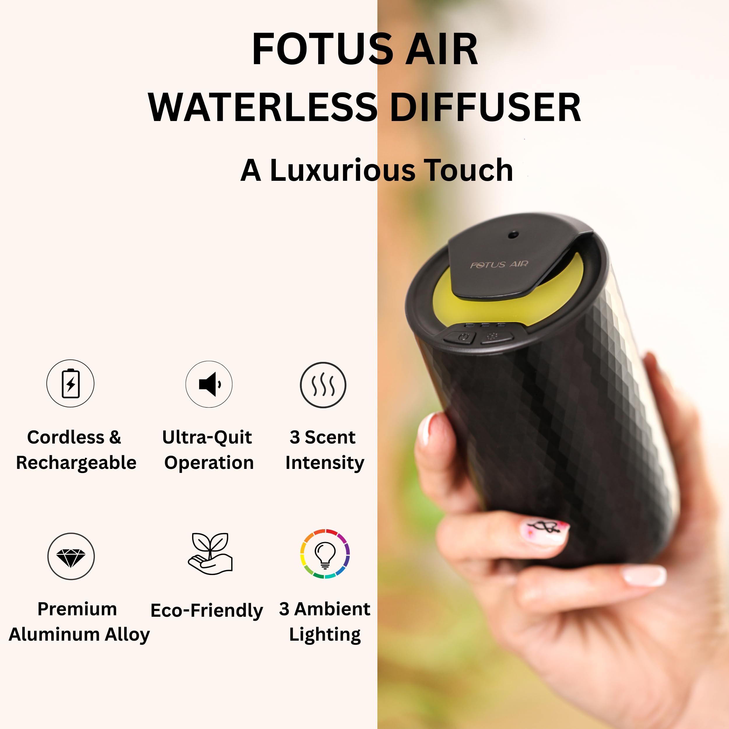 FOTUS AIR diffuser showing mist level control close-up.