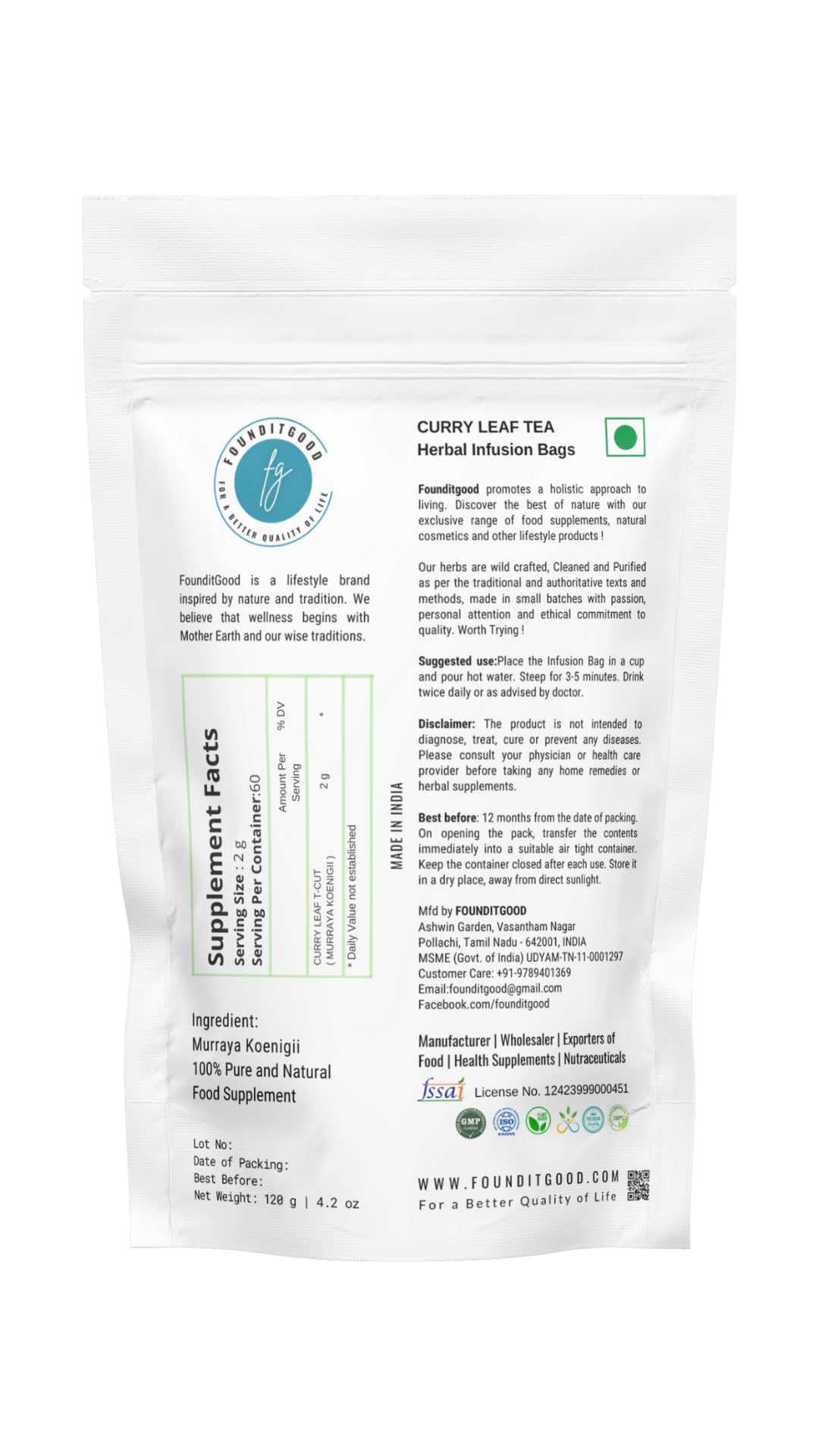 FounditGood curry leaf tea dried leaves showcase earthy aroma and purity.