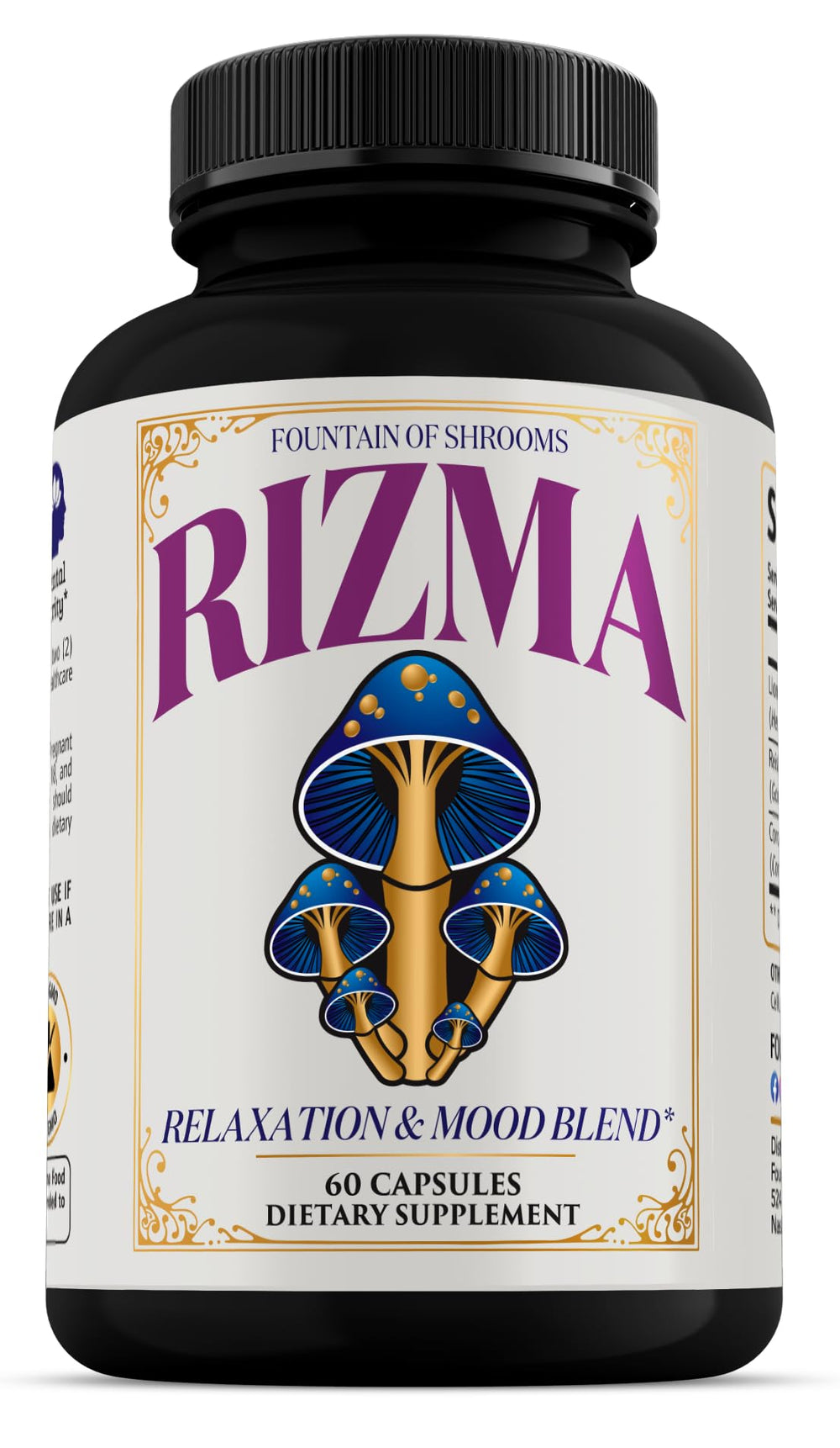 Fountain of Shrooms Rizma bottle-front view for focus and daytime energy.