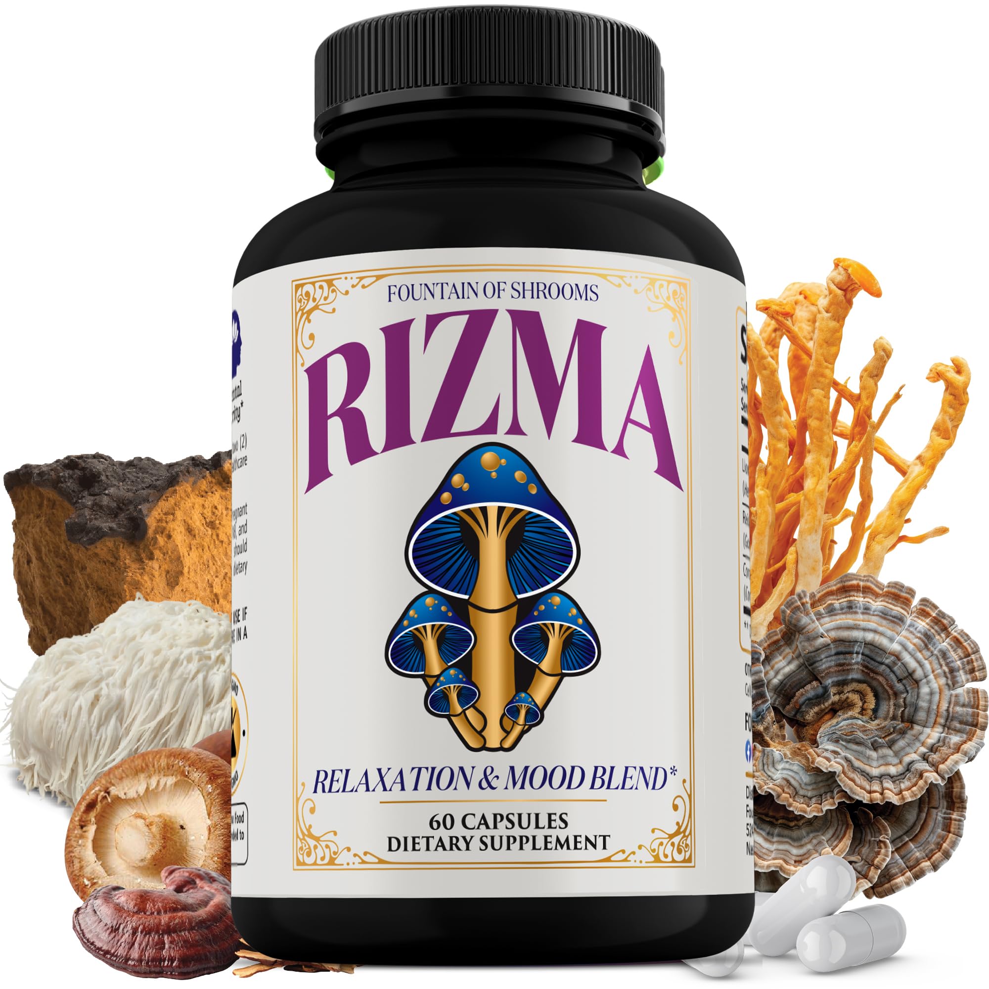 Capsules closeup shows 10:1 mushroom extracts for potent daily support.