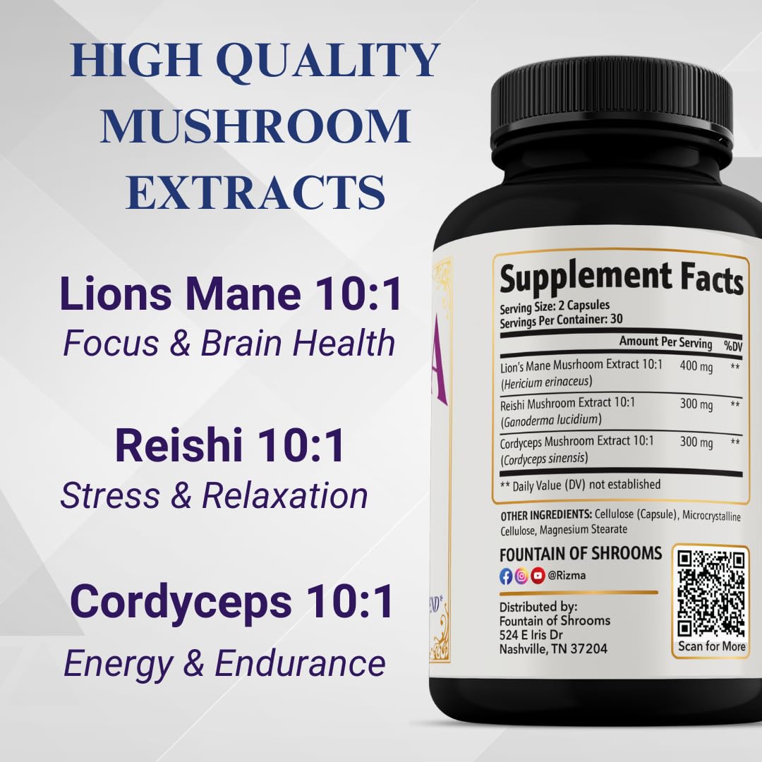 Rizma ingredients image highlights Lions Mane, Reishi and Cordyceps for cognitive support.