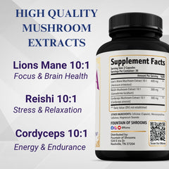 Rizma ingredients image highlights Lions Mane, Reishi and Cordyceps for cognitive support.