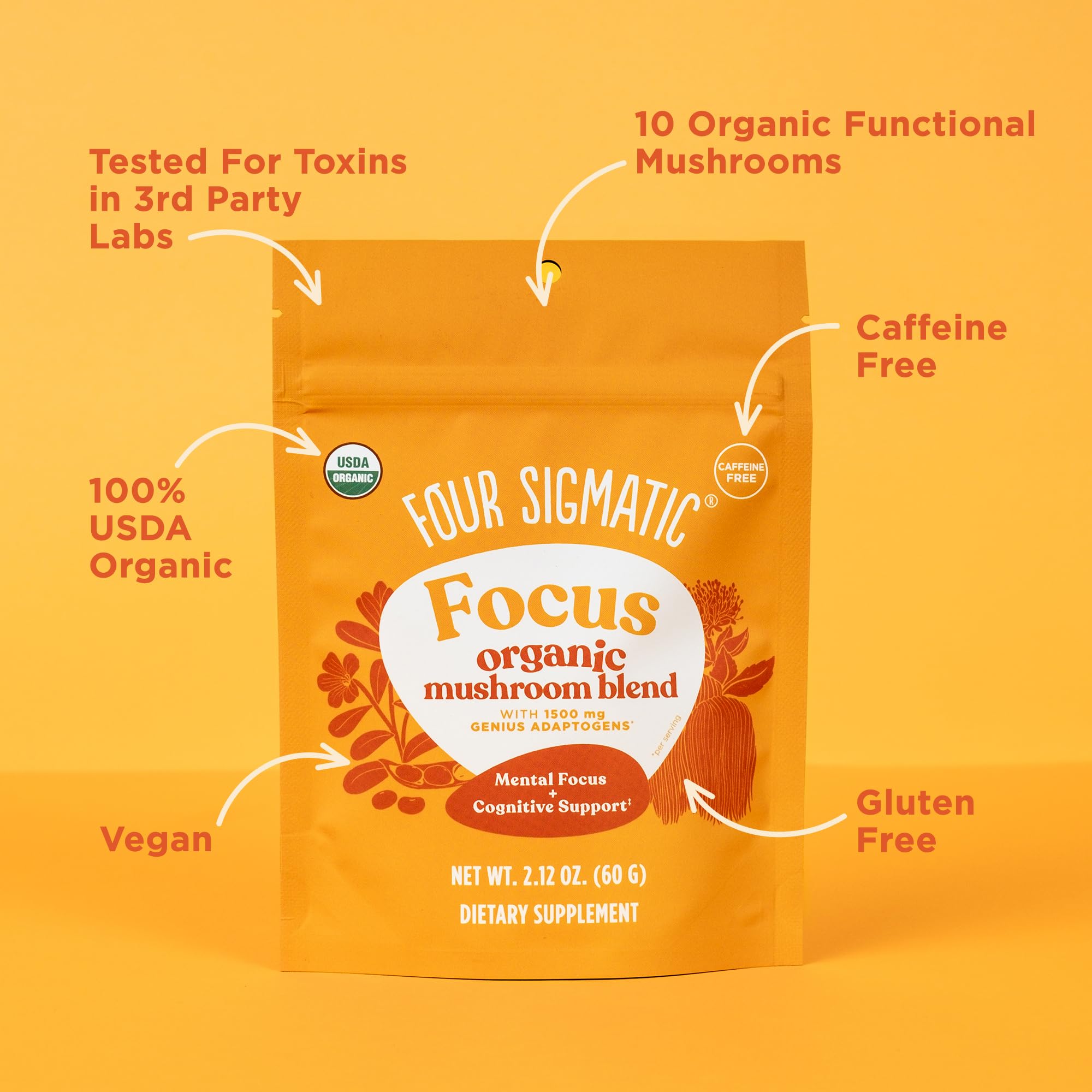 Four Sigmatic Focus Blend ingredients chart emphasizes adaptogens and mushrooms.