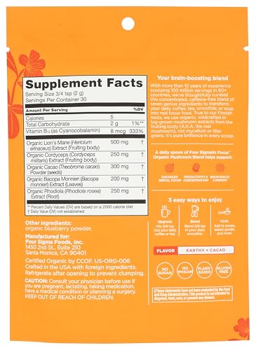 Close-up of Four Sigmatic Focus Blend label highlighting key ingredients