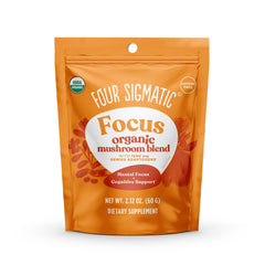 Four Sigmatic Focus Blend label on tub highlights caffeine-free focus potential.