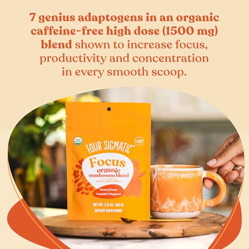Four Sigmatic Focus Blend powder closeup reveals fine texture for quick mental clarity.