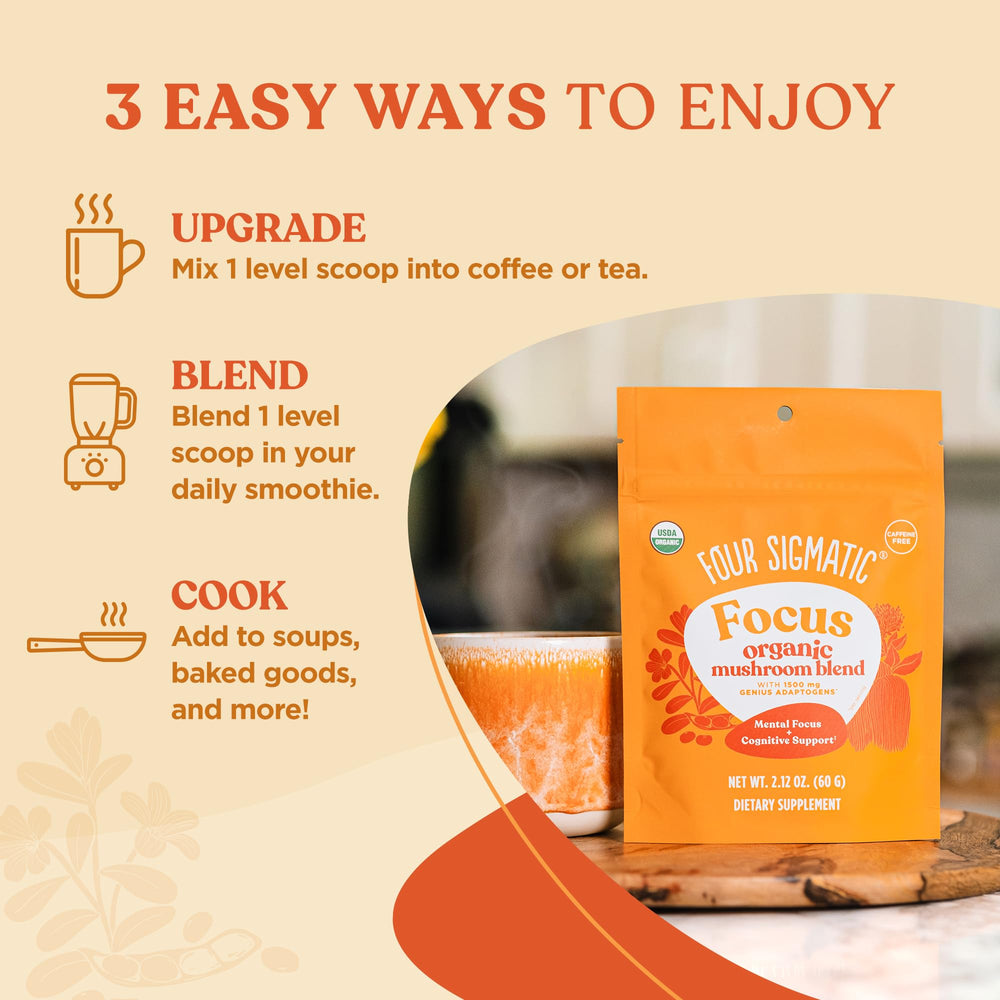 Four Sigmatic Focus Blend dissolving in tea demonstrates easy beverage integration.