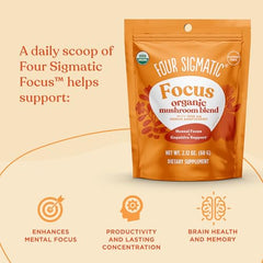Four Sigmatic Focus Blend tub with cup illustrates caffeine-free energy for study or work.