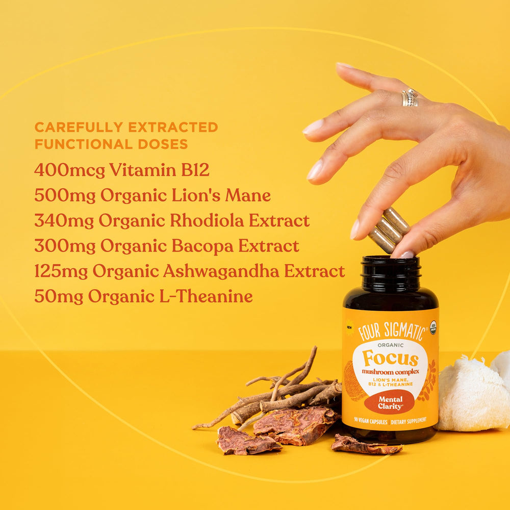 Four Sigmatic Focus Capsules dissolving-in-tea suggests a moment of mental clarity.