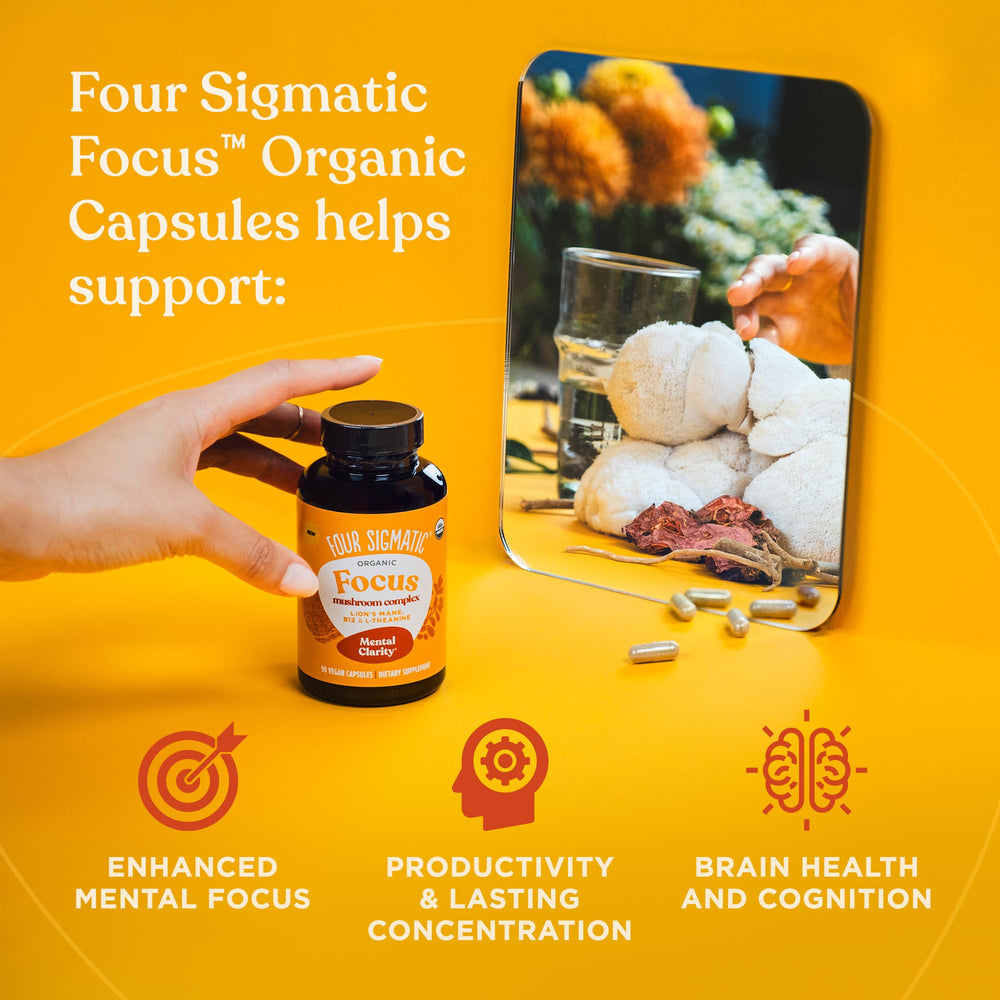 Four Sigmatic Focus Capsules green-tea-origin underscores L-theanine for calm, caffeine-free focus.