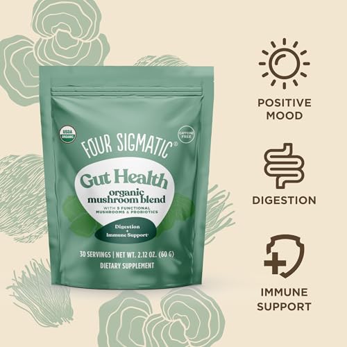 Four Sigmatic Gut Health Blend powder stirred into tea for hot drinks
