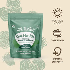 Four Sigmatic Gut Health Blend powder stirred into tea for hot drinks