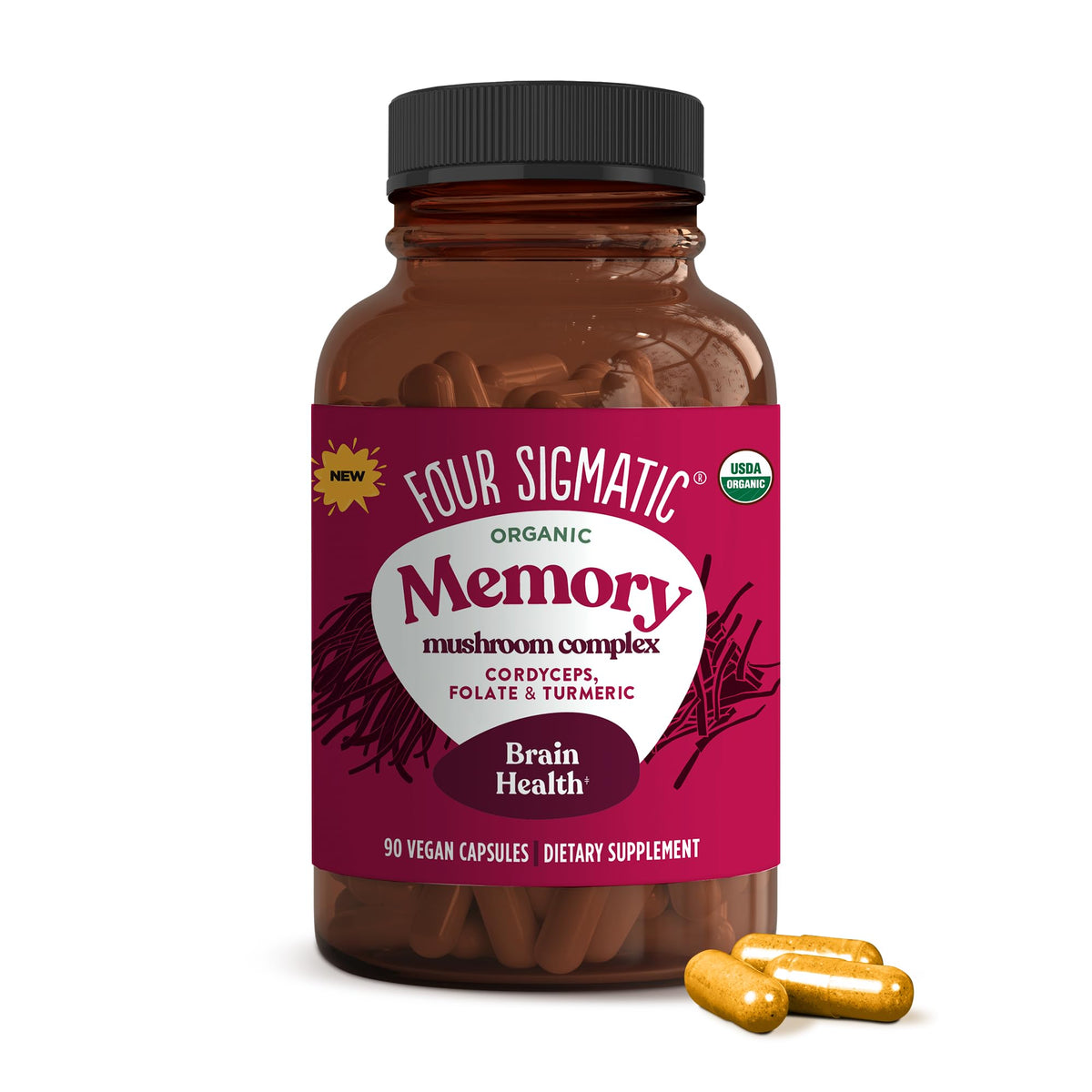 Four Sigmatic Memory Capsules bottle shown for convenient brain-support use.