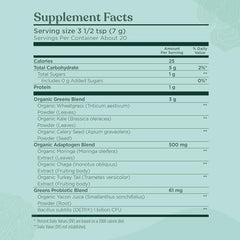 Glass of water with greens powder showing easy, refreshing daily greens boost.
