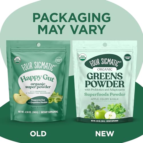 Four Sigmatic Organic Greens Powder back label highlights probiotics and prebiotic yacon for gut support.
