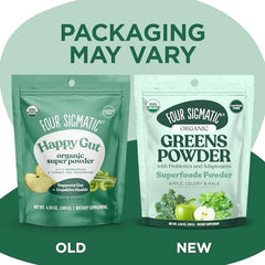 Four Sigmatic Organic Greens Powder back label highlights probiotics and prebiotic yacon for gut support.