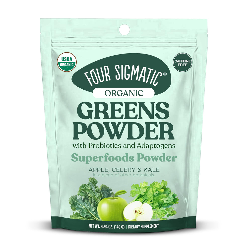 Four Sigmatic Organic Greens Powder tub front showcasing a nutrient-dense greens blend with antioxidant-rich ingredients.