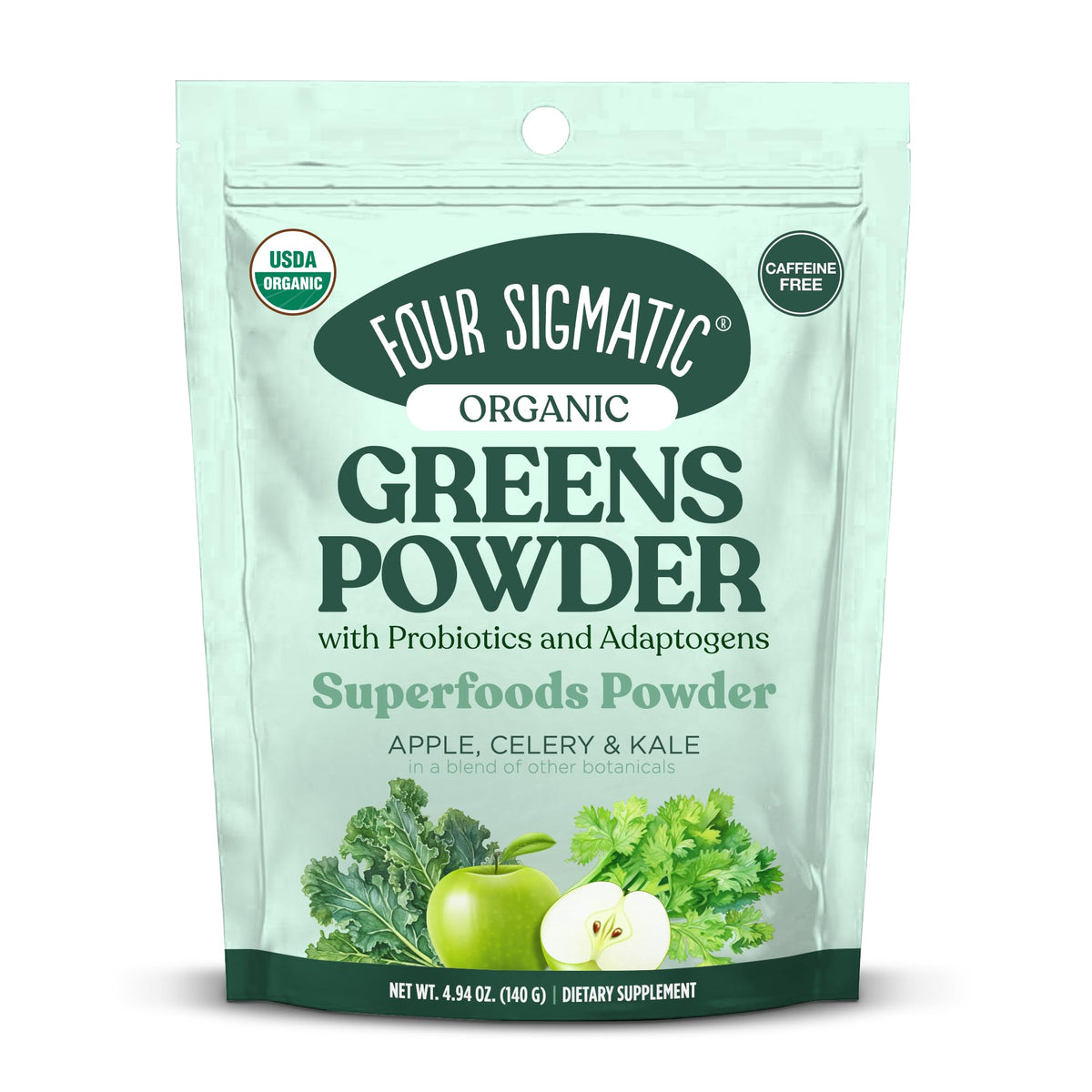 Four Sigmatic Organic Greens Powder tub front showcasing a nutrient-dense greens blend with antioxidant-rich ingredients.
