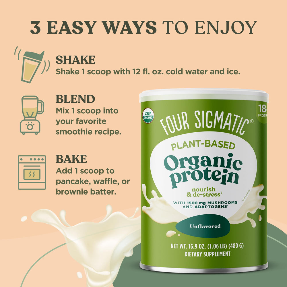 Four Sigmatic protein in a glass smoothie suggesting brain-boosting meal.