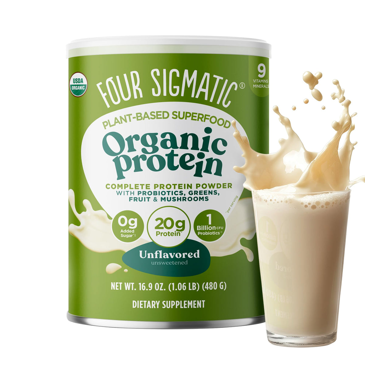 Four Sigmatic organic protein unflavored container front for smooth vegan shakes.