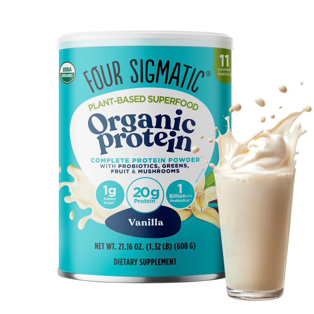 Four Sigmatic vegan protein powder bag shows clean plant-protein label for daily shakes