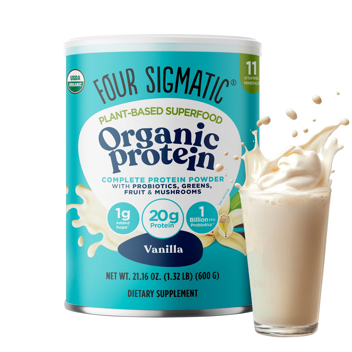 Four Sigmatic vegan protein powder bag shows clean plant-protein label for daily shakes