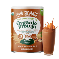 Four Sigmatic peanut butter protein powder bottle front ready for daily vegan nutrition.