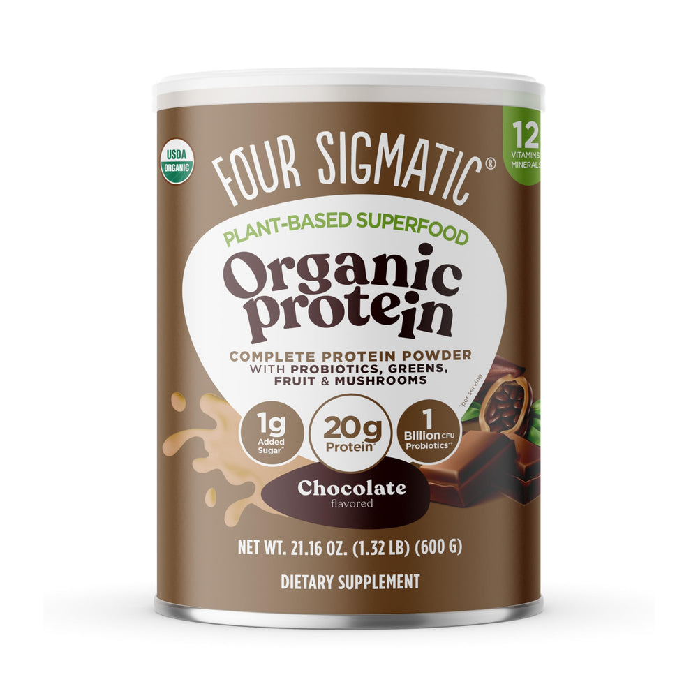 Four Sigmatic protein powder creamy cacao jar showing plant-based protein for daily energy