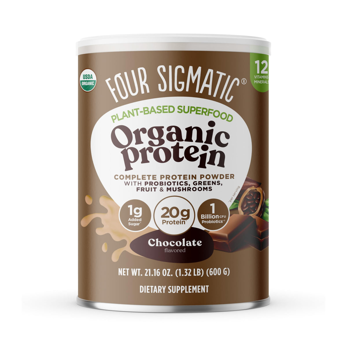 Four Sigmatic protein powder creamy cacao jar showing plant-based protein for daily energy