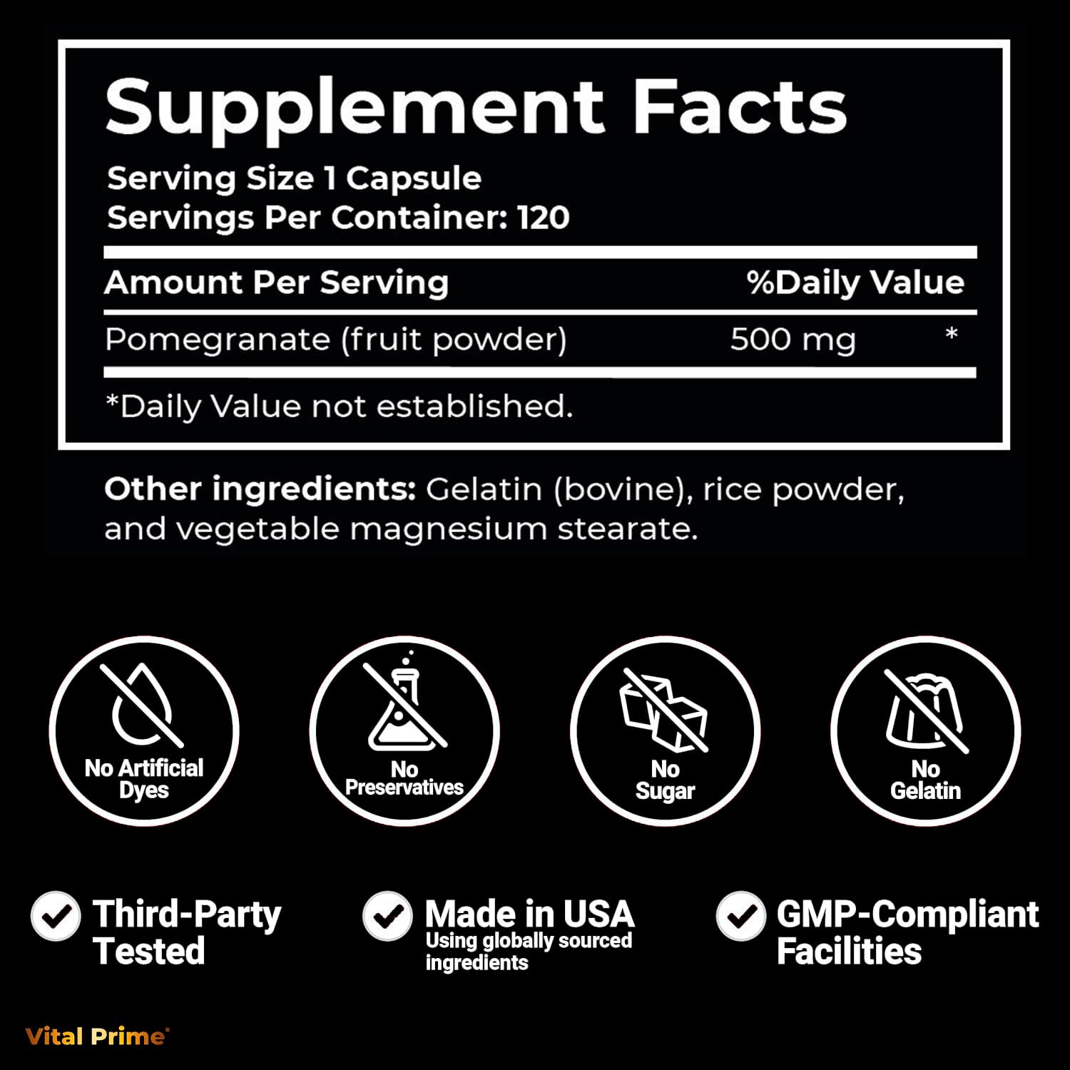 FourRoar Vital Prime capsules close-up showing 500 mg per dose.