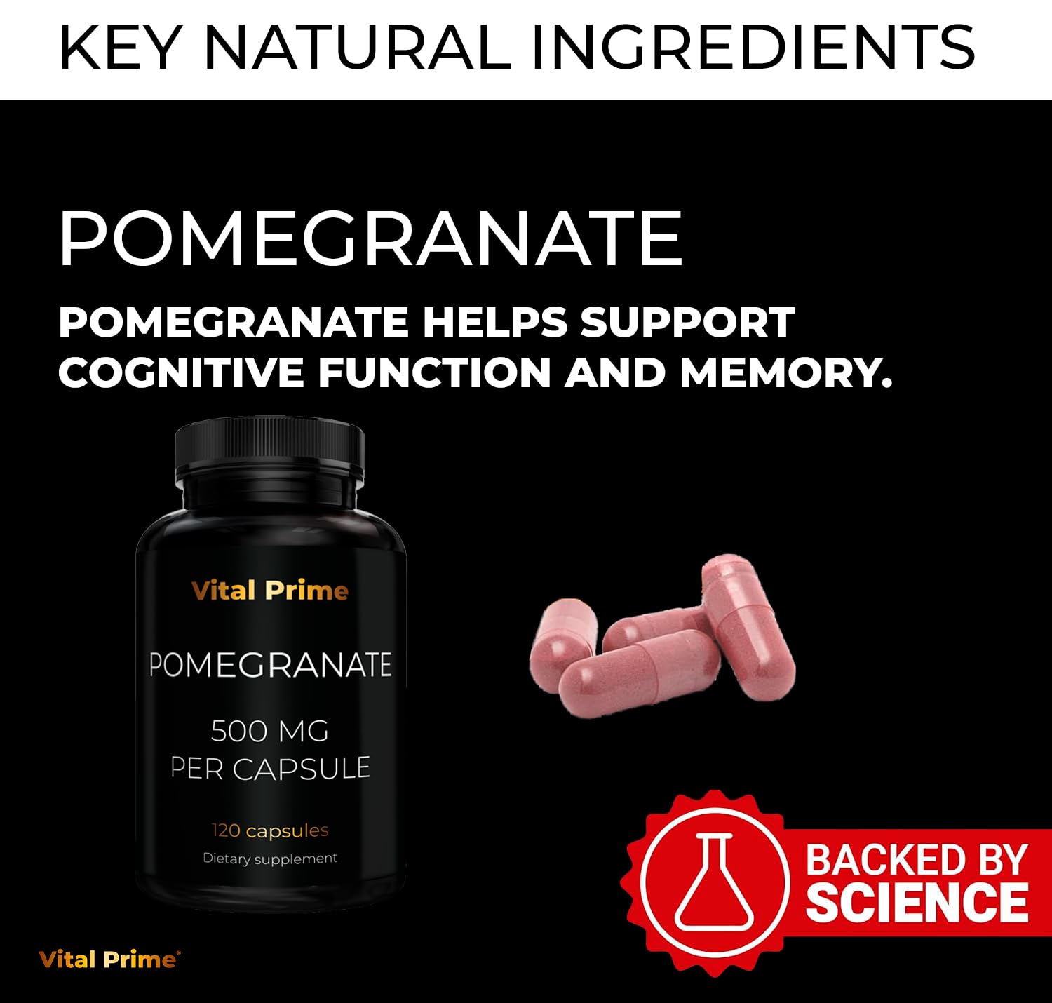 FourRoar Vital Prime pomegranate powder graphic emphasizing pure fruit powder.