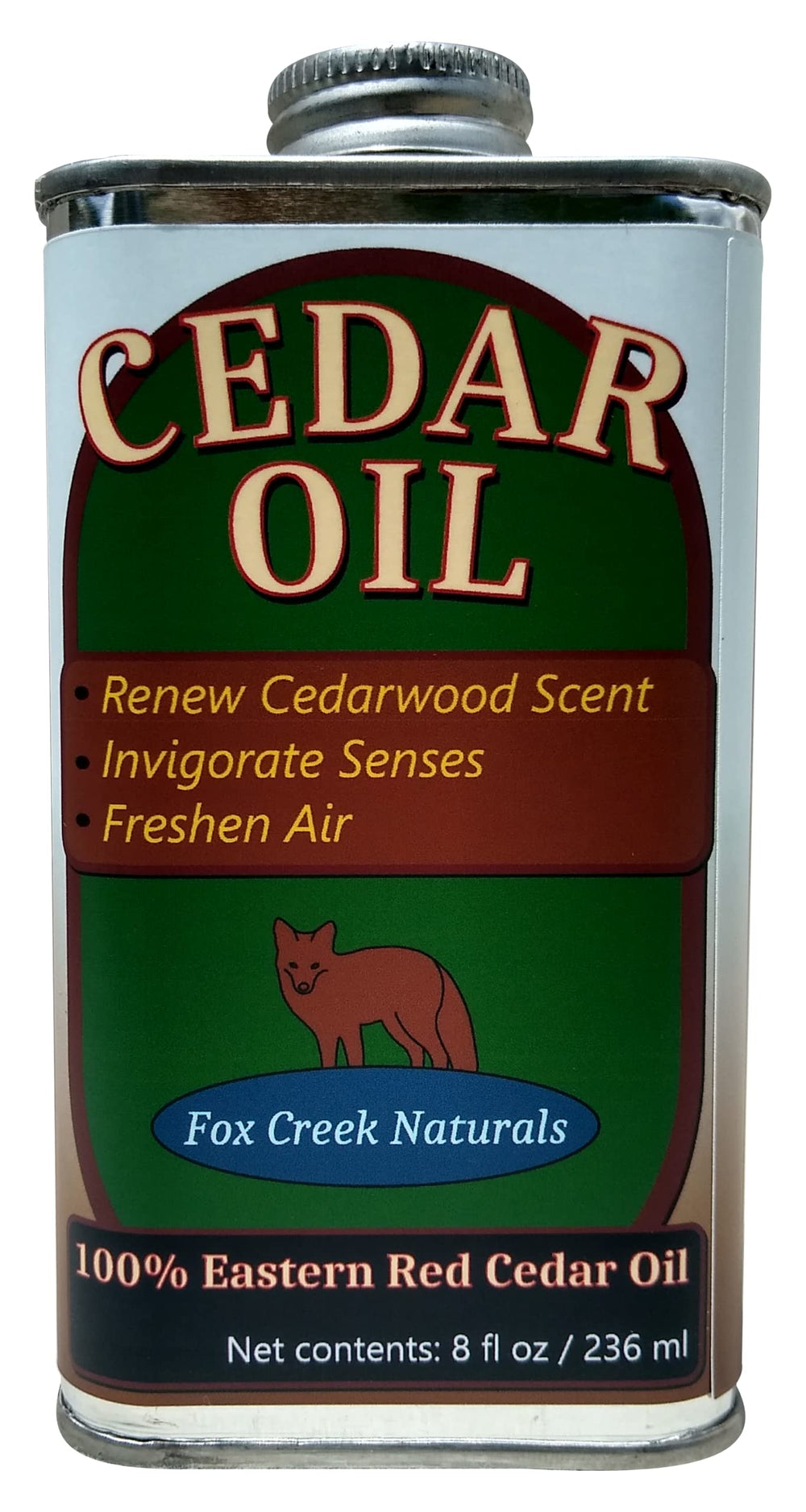 Fox Creek Cedar Oil bottle close-up with pure cedar aroma.