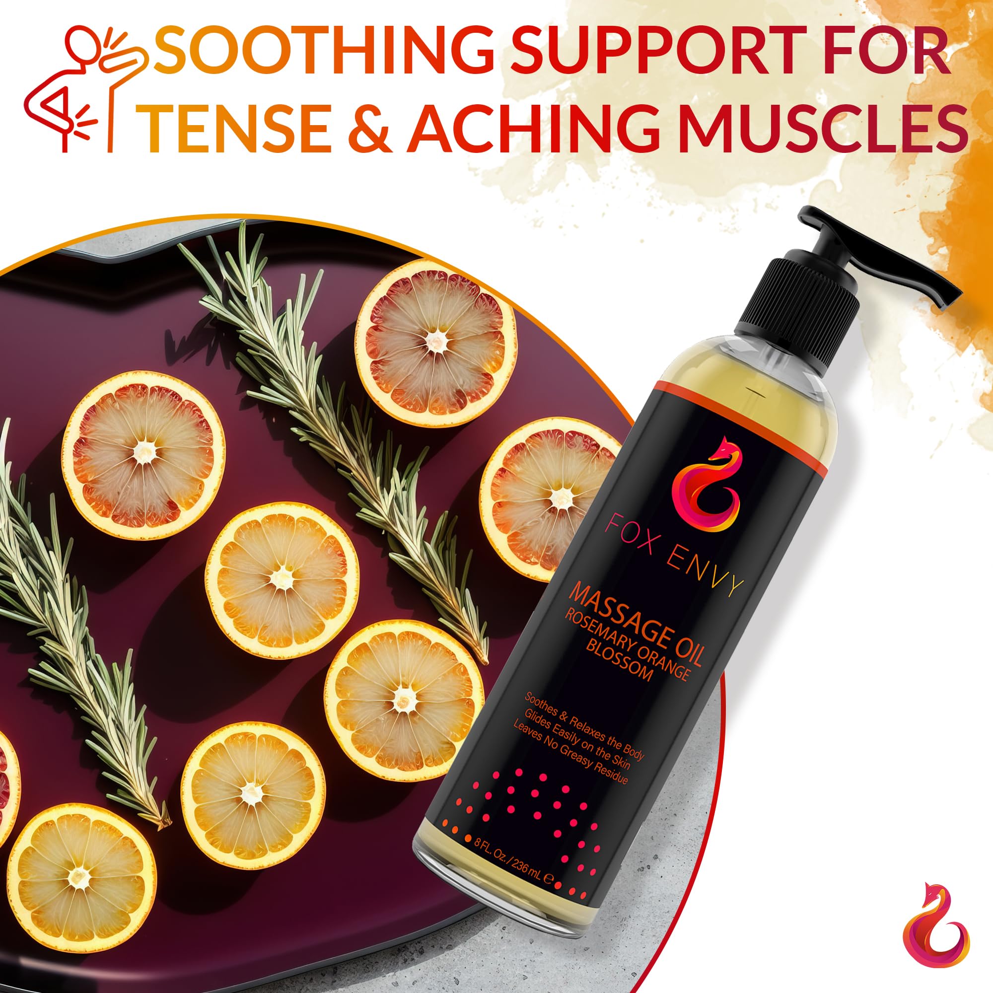 Fox Envy orange blossom and rosemary aroma for calming mood during massage.