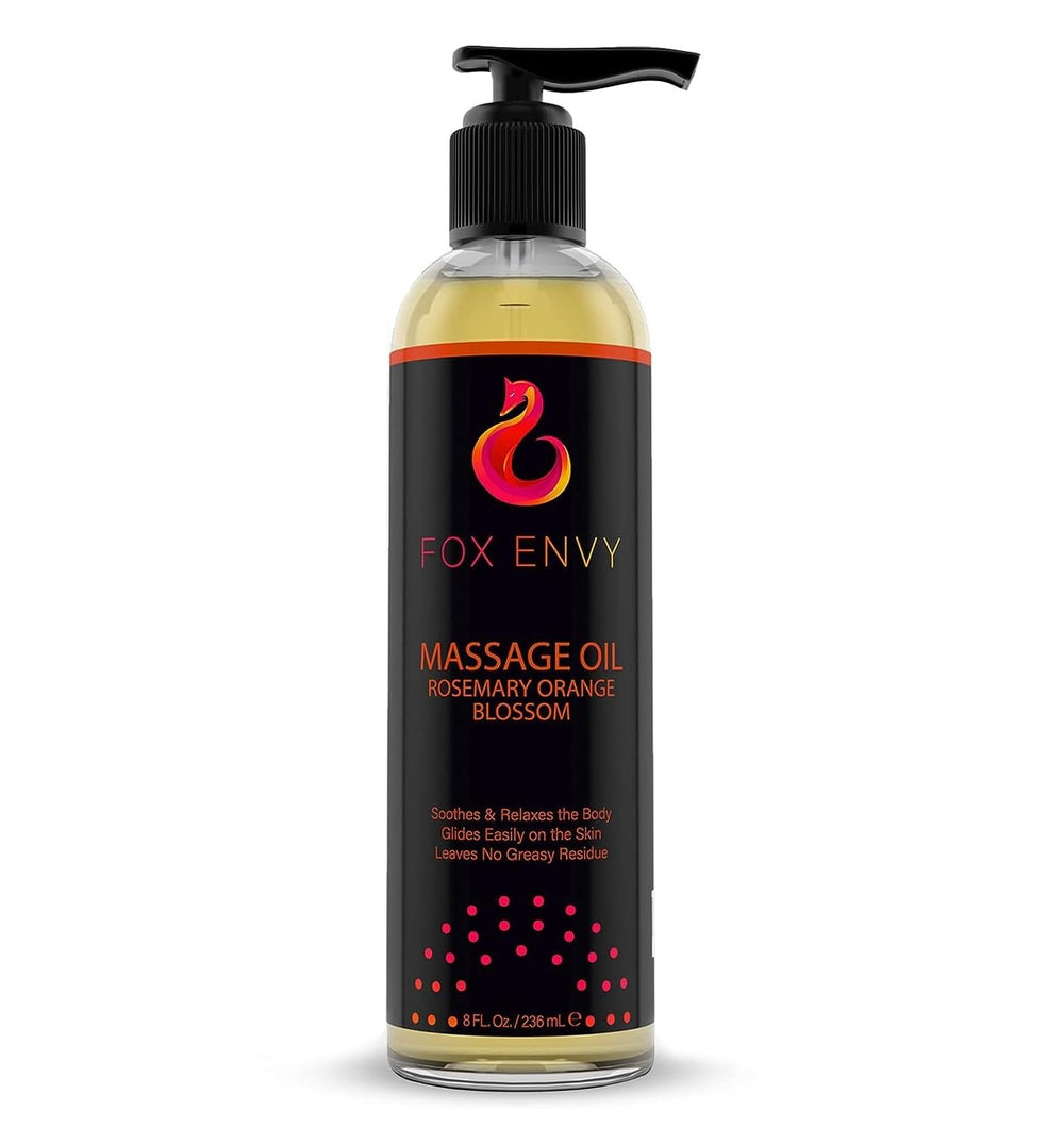 Fox Envy orange blossom massage oil bottle pour for quick coverage and scent.