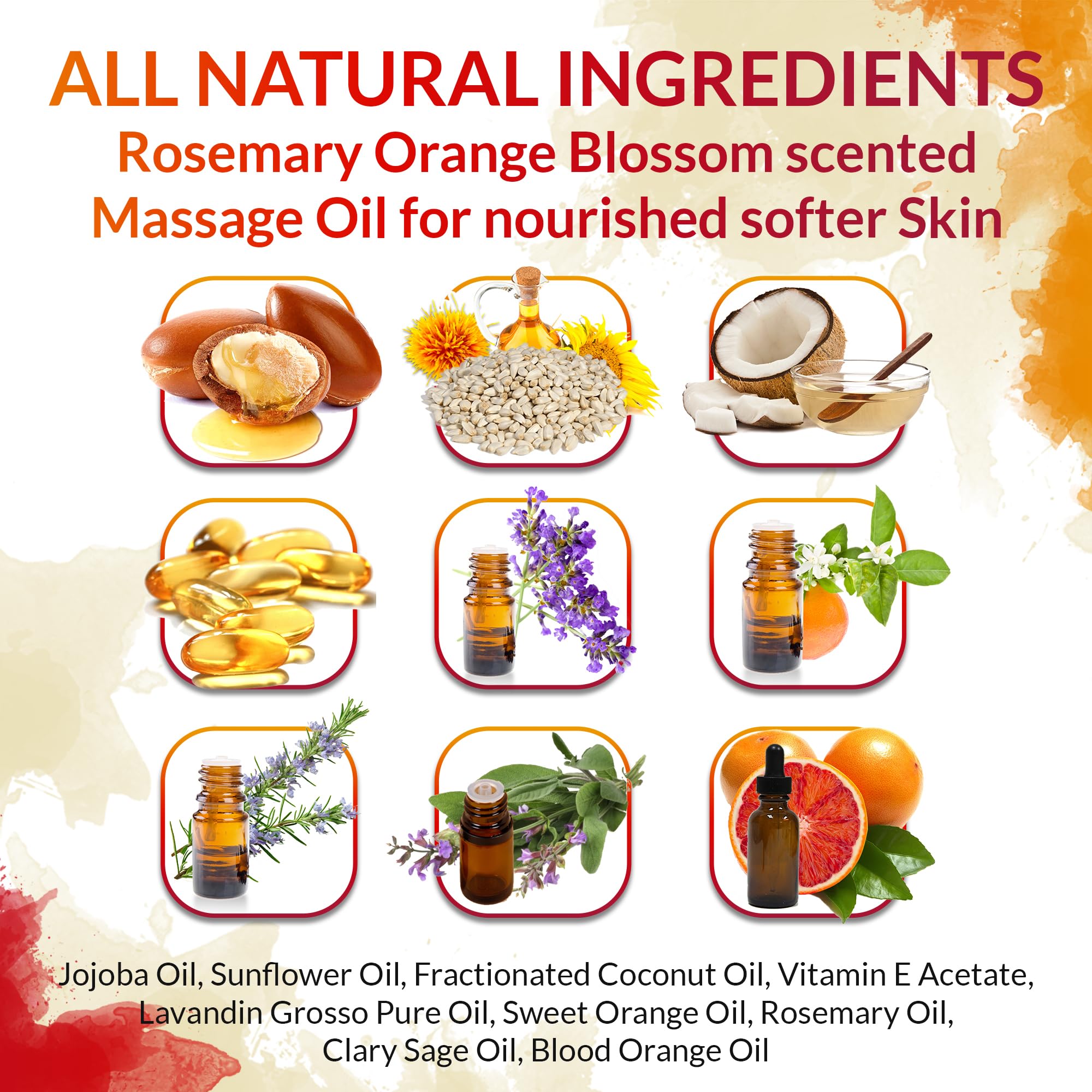 Fox Envy orange blossom rosemary massage oil on skin for soothing touch and hydration.