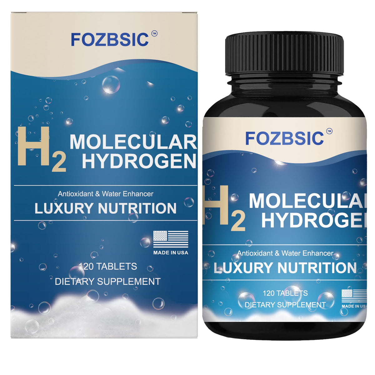FOZBSIC Hydrogen Water Tablets dissolving in a bottle for convenient hydration on the go.