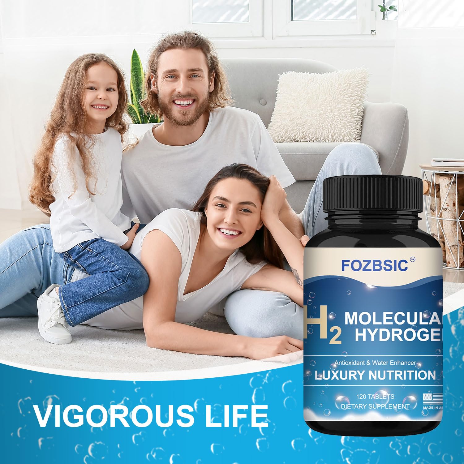 FOZBSIC Hydrogen Water Tablets energy-support imagery for portable hydration.