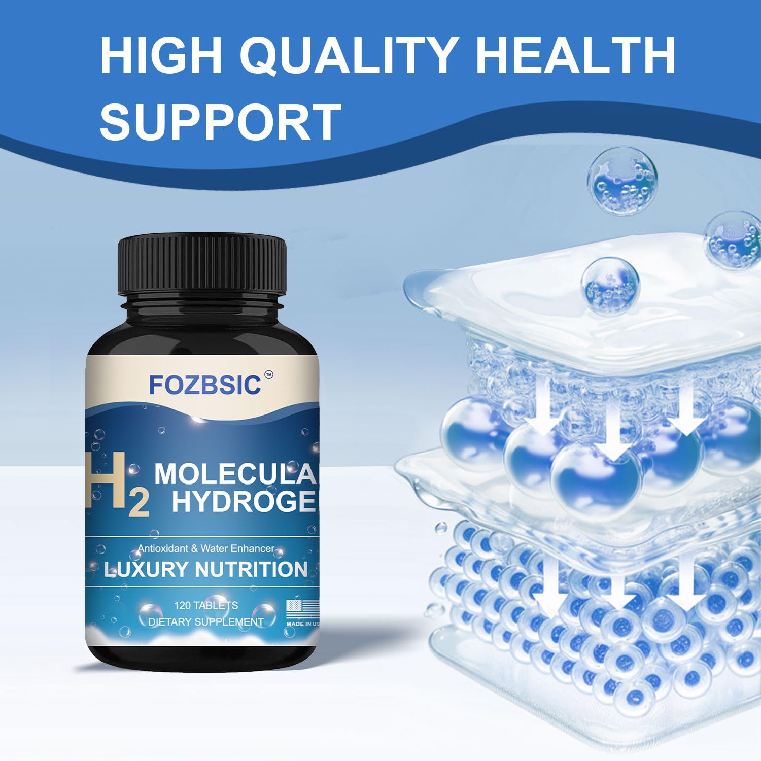 FOZBSIC Hydrogen Water Tablets illustration of ingredients purity and safety.