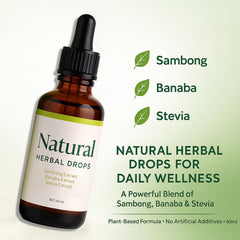 FQMUEV Dok Natural Drops shown with Sambong leaves signaling natural energy.