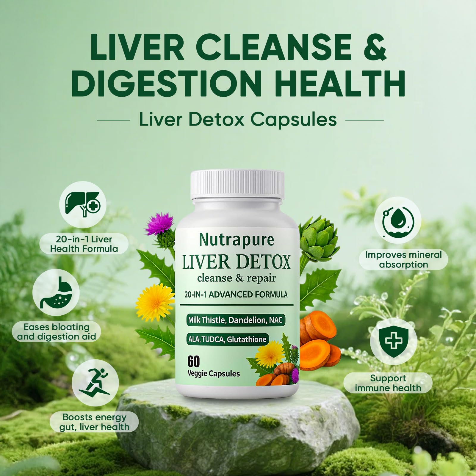 FQMUEV Nutrapure Liver Detox ingredients panel with dandelion root imagery