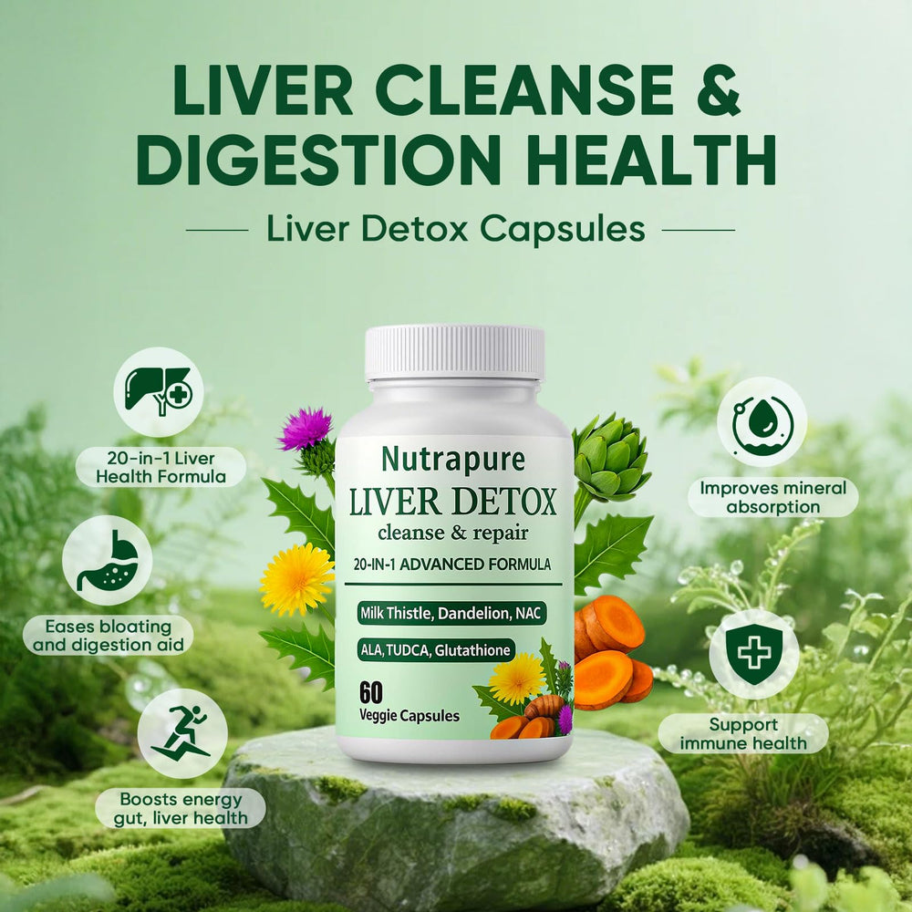 FQMUEV Nutrapure Liver Detox ingredients panel with dandelion root imagery
