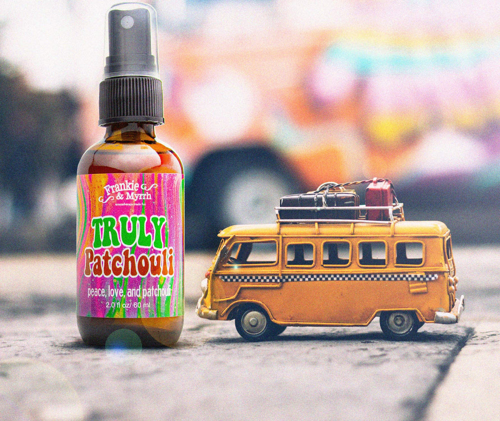 Frankie and Myrrh Truly Patchouli spray in car interior for quick refresh