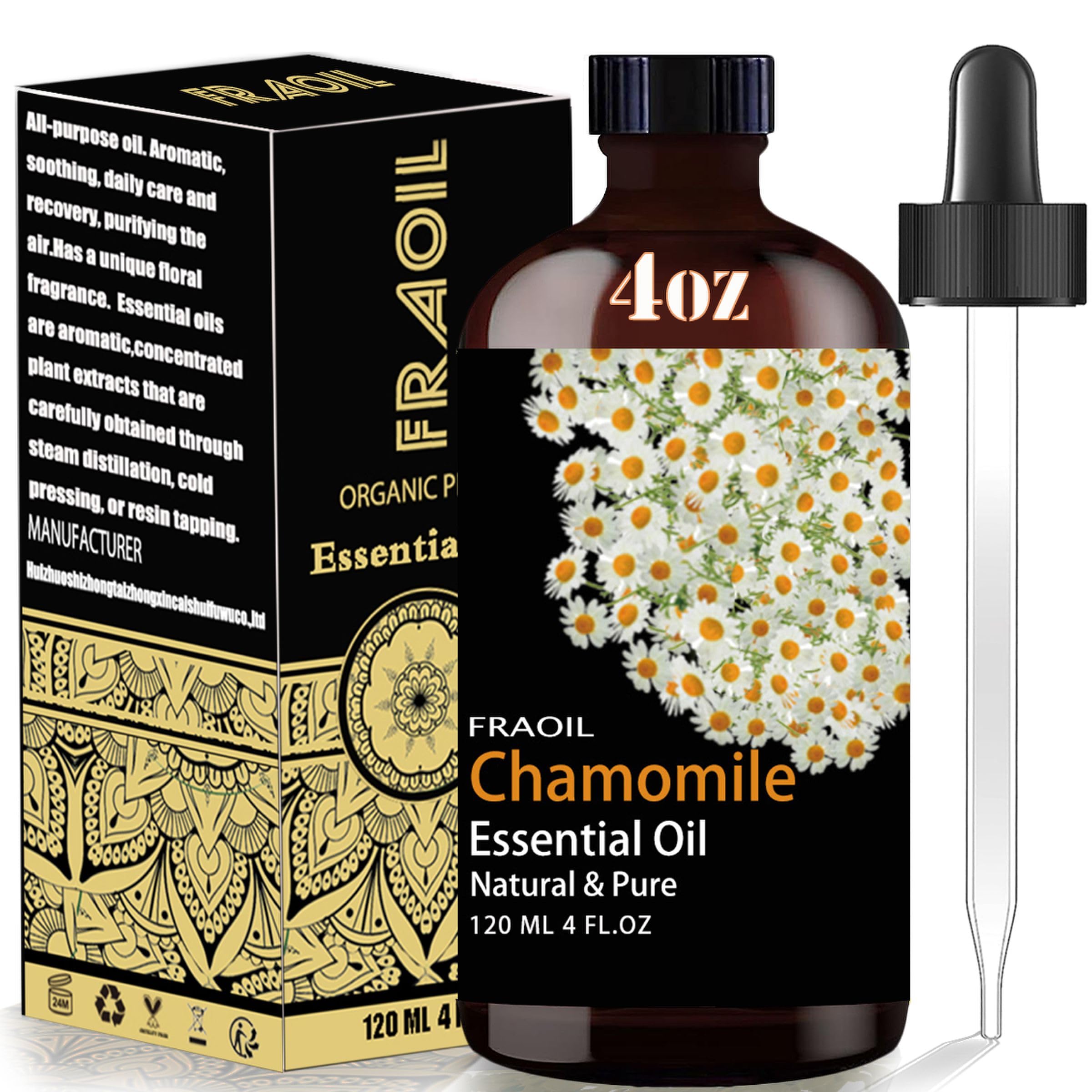 FRAOIL Chamomile Essential Oil bottle in amber glass protects potency for diffuser use.