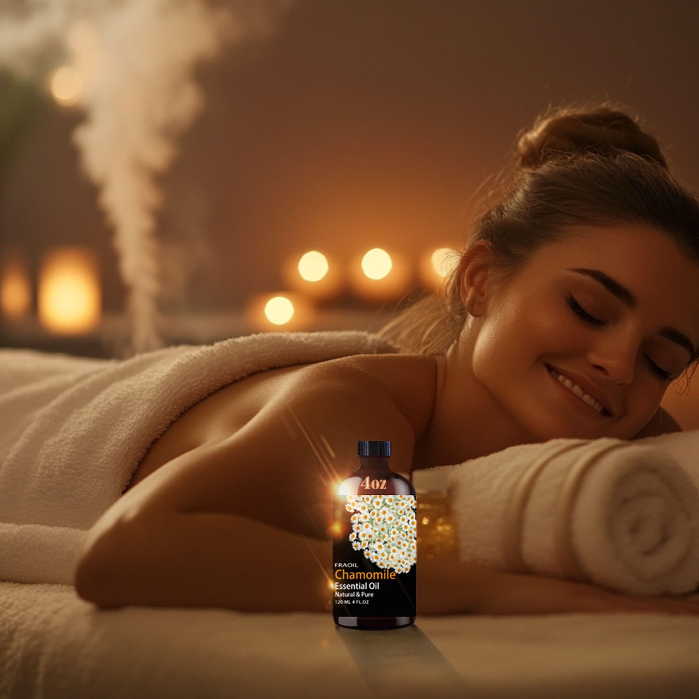 FRAOIL Chamomile Oil bottle highlighting amber glass protects against light.