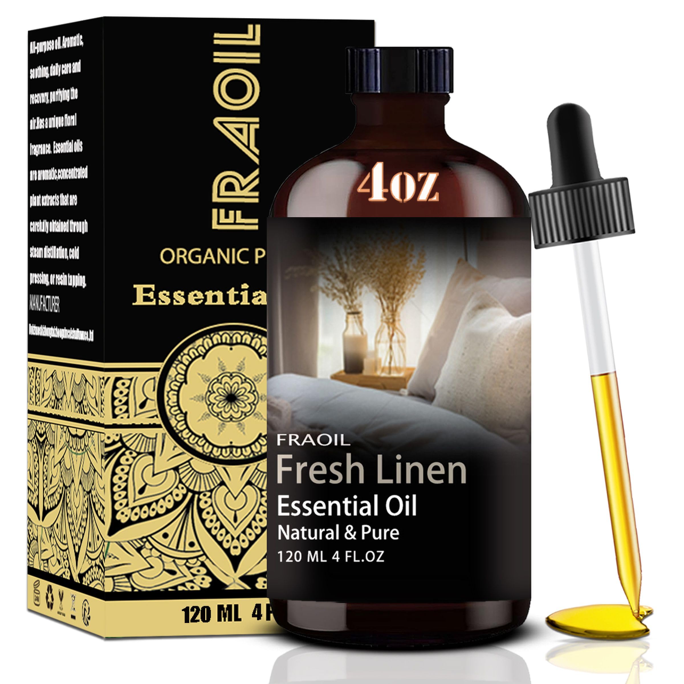 Fraoil Fresh Linen fragrance oil bottle in amber glass for lasting protection.