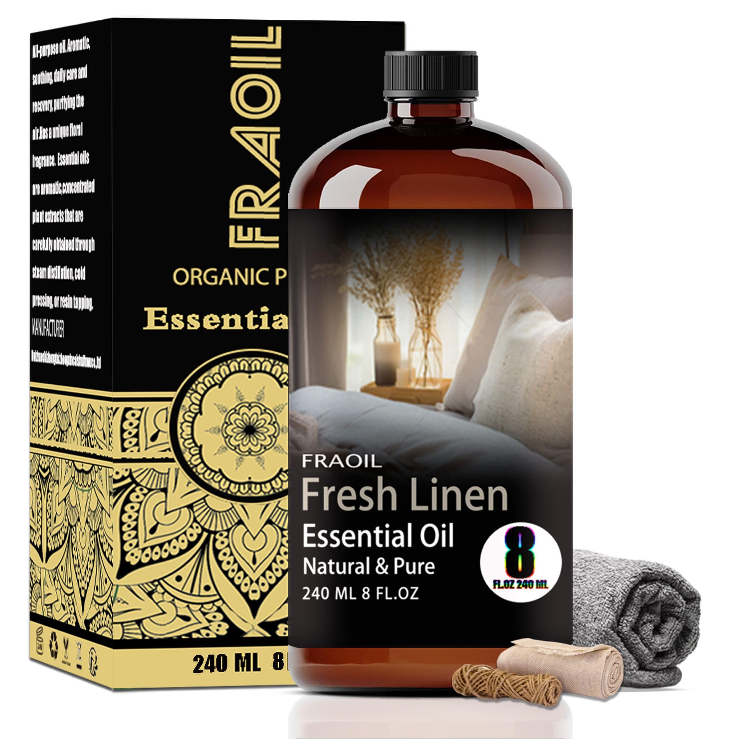 FRAOIL Fresh Linen essential oil bottle close-up for diffusers and crafting
