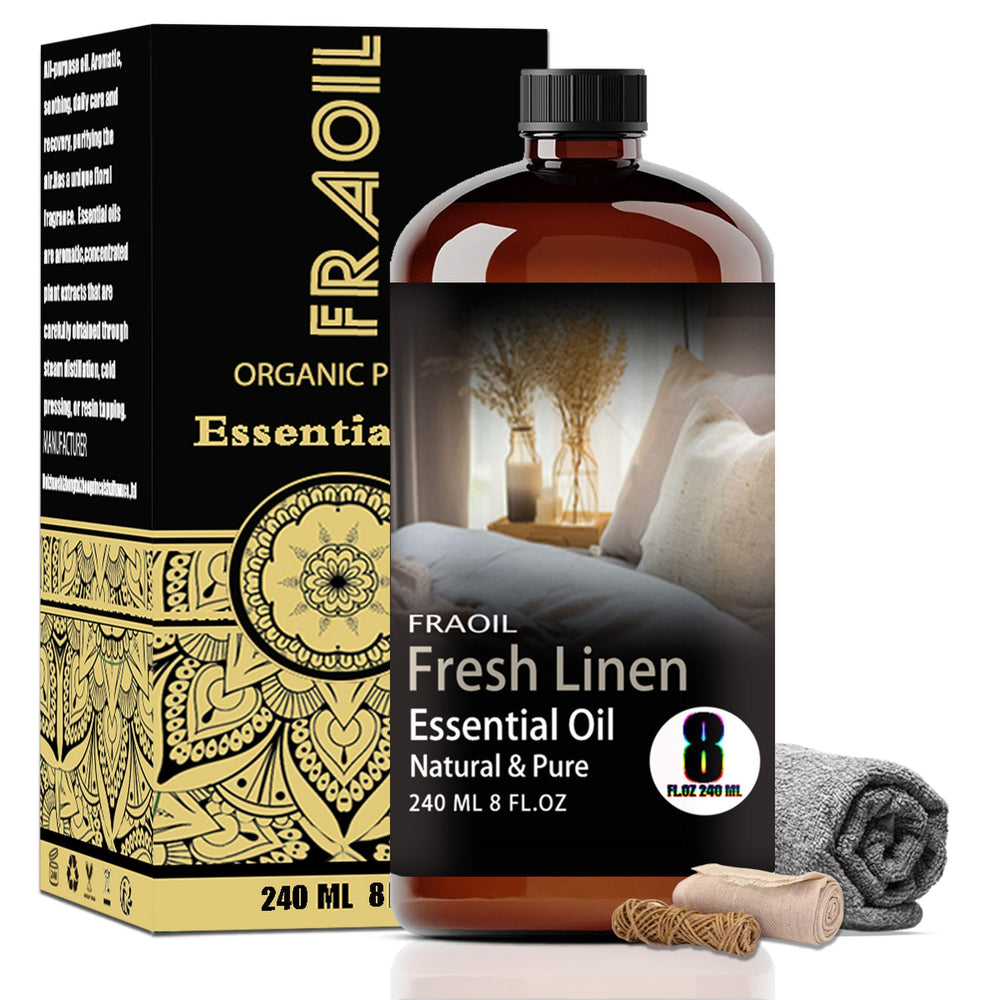 FRAOIL Fresh Linen essential oil bottle close-up for diffusers and crafting