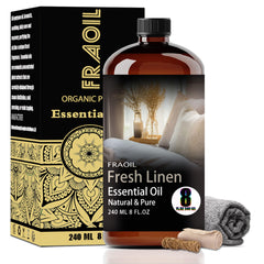 FRAOIL Fresh Linen essential oil bottle close-up for diffusers and crafting