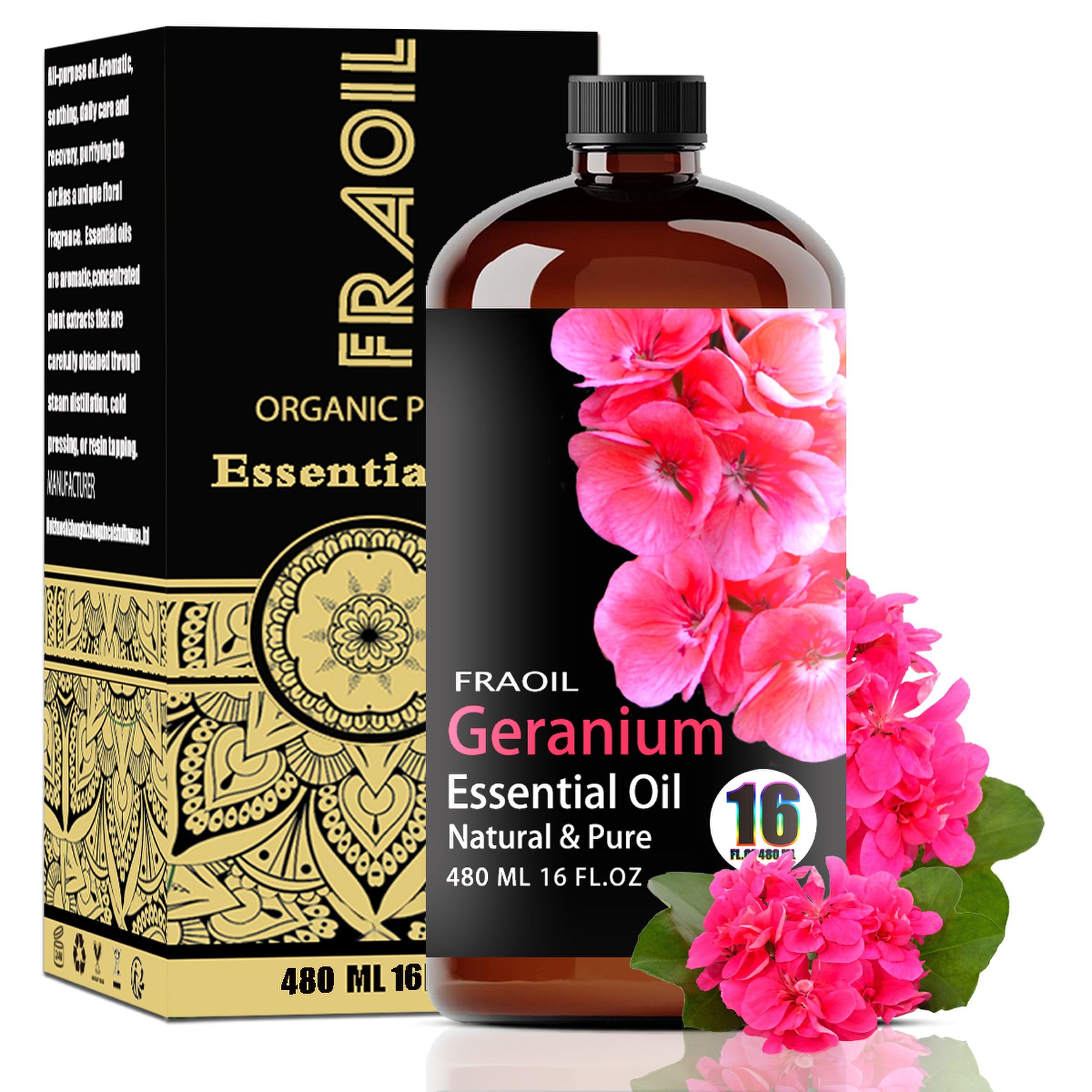 FRAOIL Geranium essential oil in amber bottle for lasting fragrance